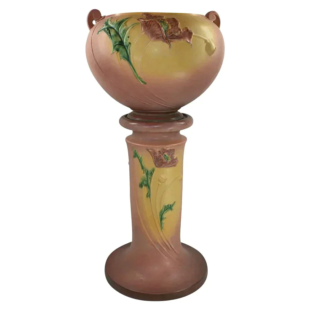 Roseville Poppy 1938 Vintage Pottery Pink Jardiniere Pedestal 642-10 - Just Art Pottery
