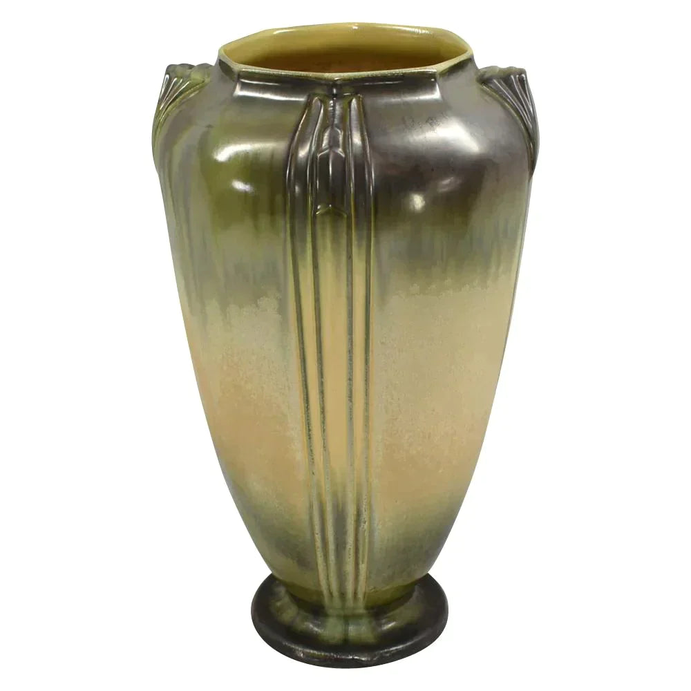 Roseville Russco 1934 Vintage Art Deco Green And Gold Crystalline Vase 703-15 - Just Art Pottery
