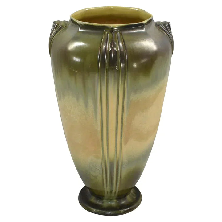 Roseville Russco 1934 Vintage Art Deco Green And Gold Crystalline Vase 703-15 - Just Art Pottery