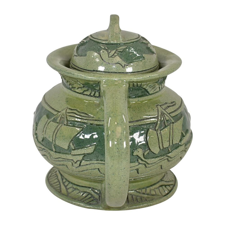 Roseville Della Robbia 1906 Art Pottery Green Ships Nautical Teapot 7 - Just Art Pottery
