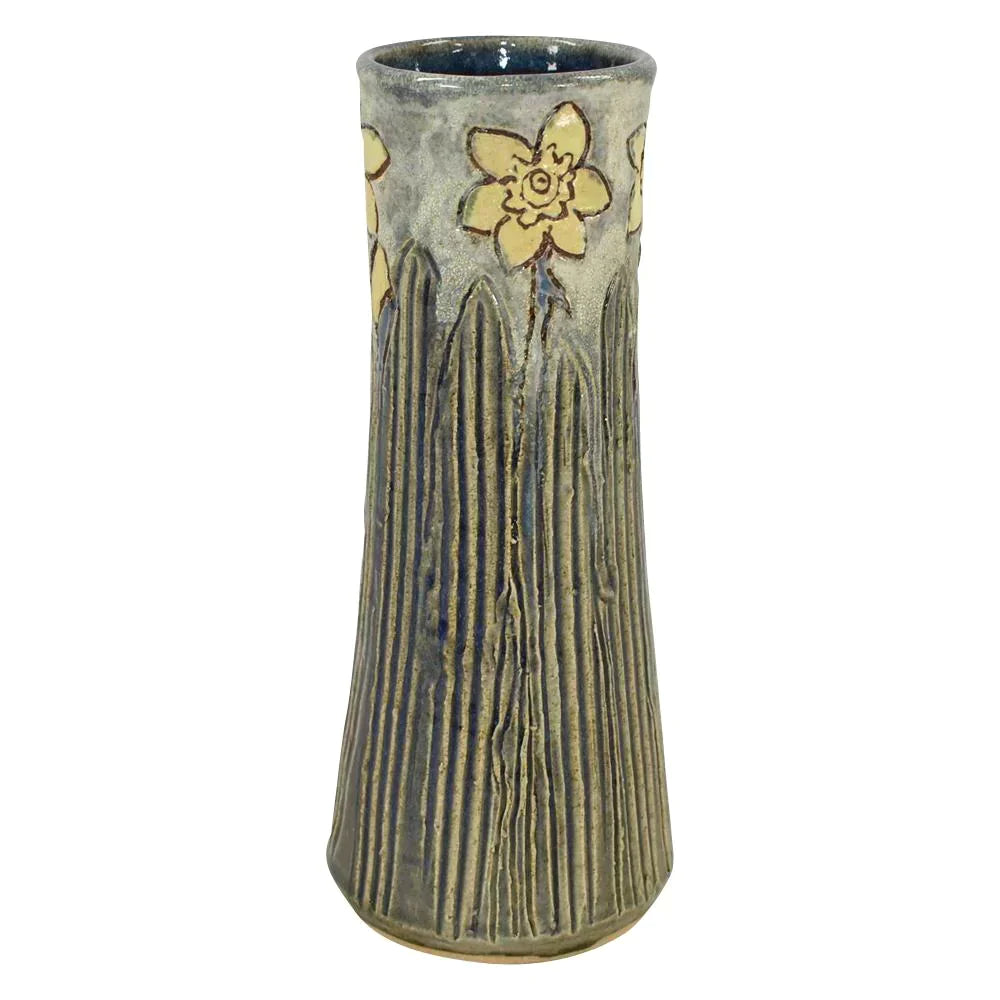 Hog Hill Studio Art Pottery Hand Tooled Yellow Daffodils Mottled Blue Vase - Just Art Pottery