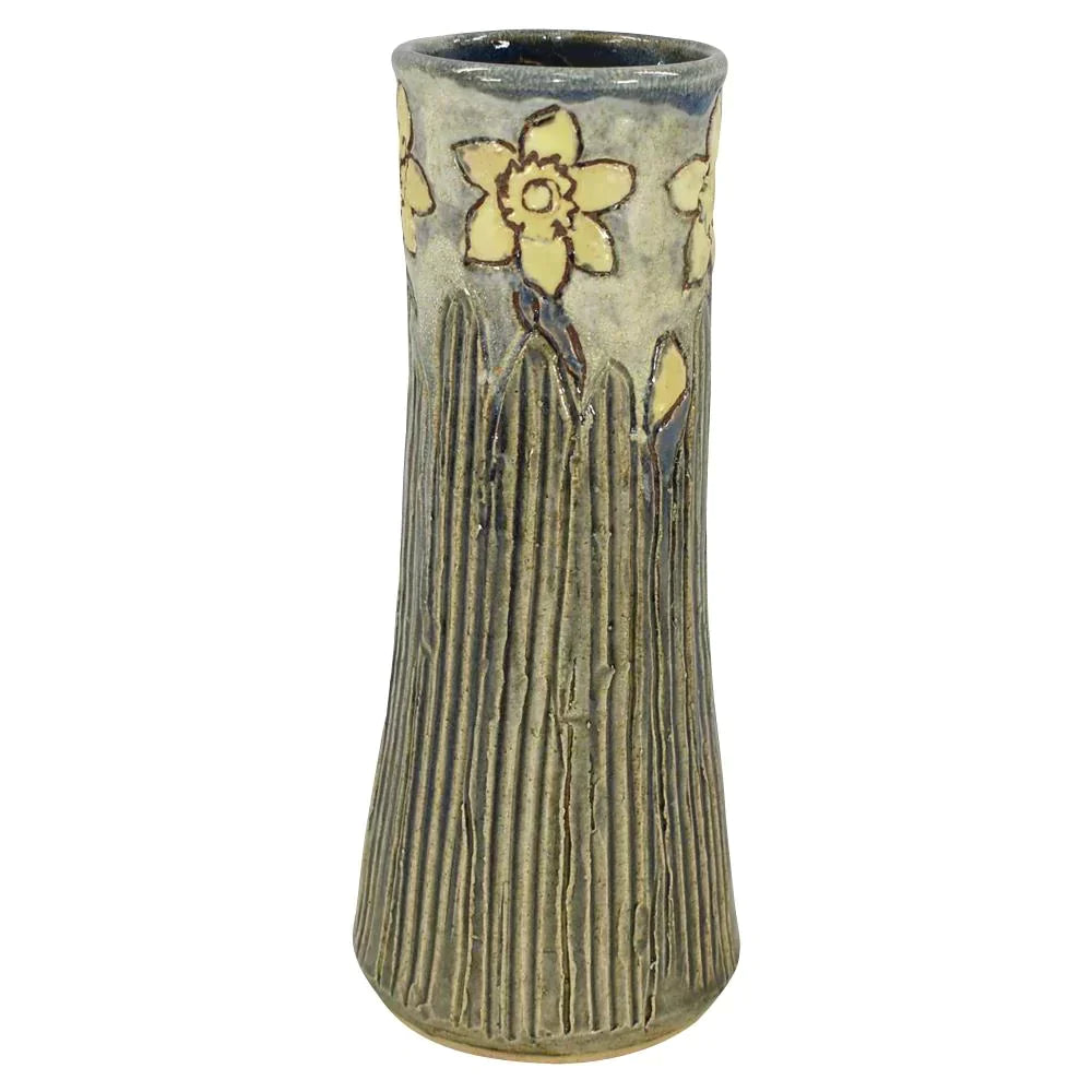 Hog Hill Studio Art Pottery Hand Tooled Yellow Daffodils Mottled Blue Vase - Just Art Pottery