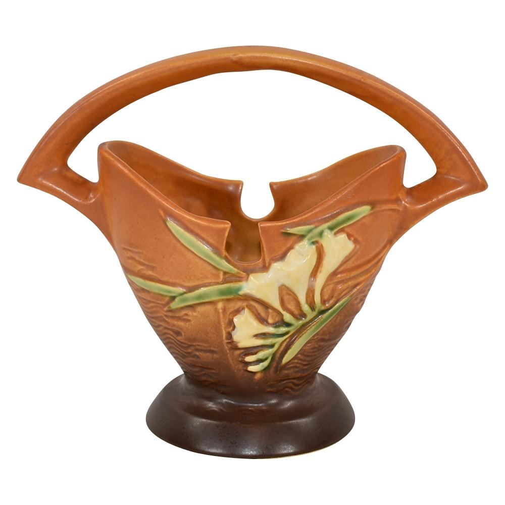 Roseville Freesia 1945 Vintage Art Pottery Brown Ceramic Basket 390-7 - Just Art Pottery