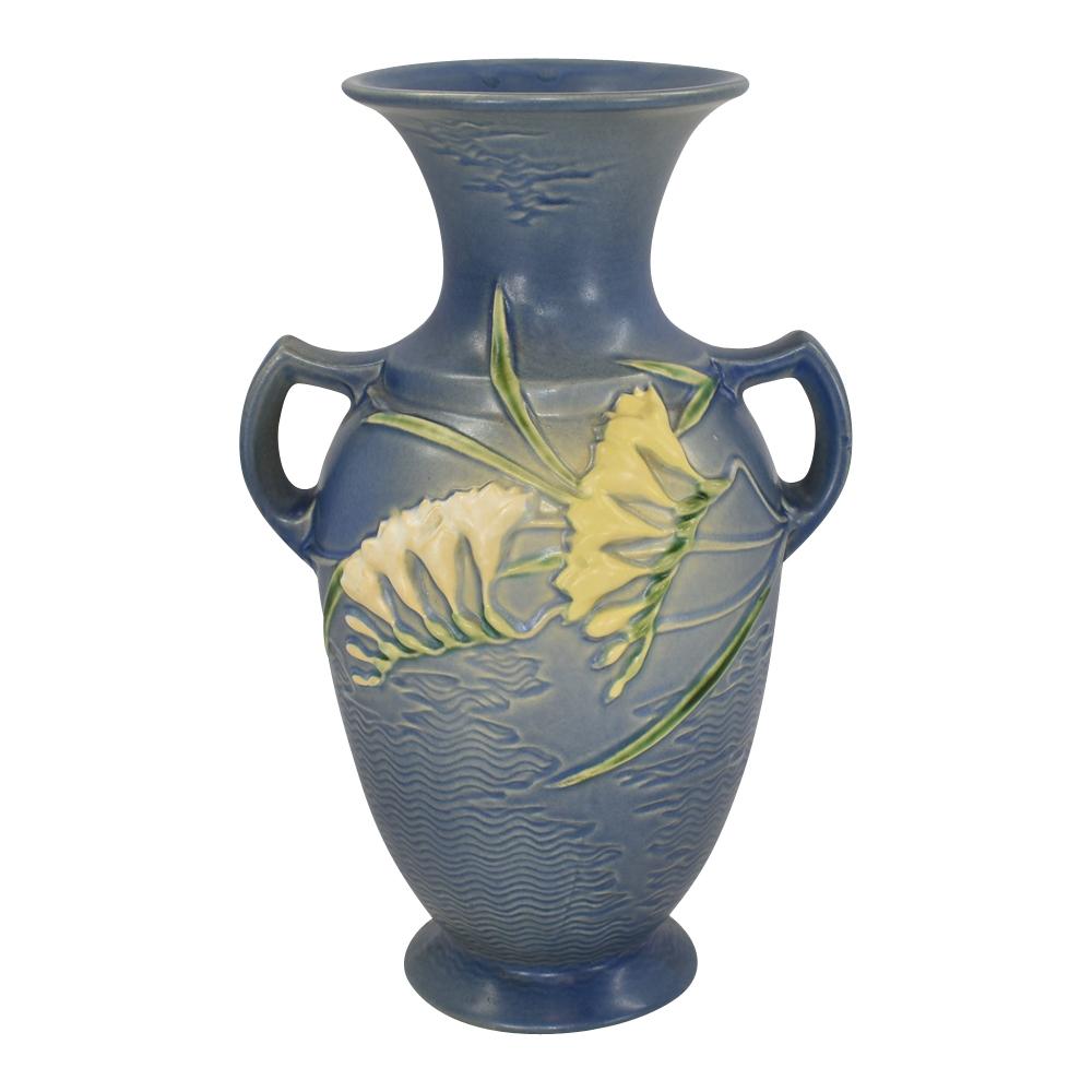 Roseville Freesia Blue 1945 Vintage Mid Century Modern Pottery Vase 127-12 - Just Art Pottery