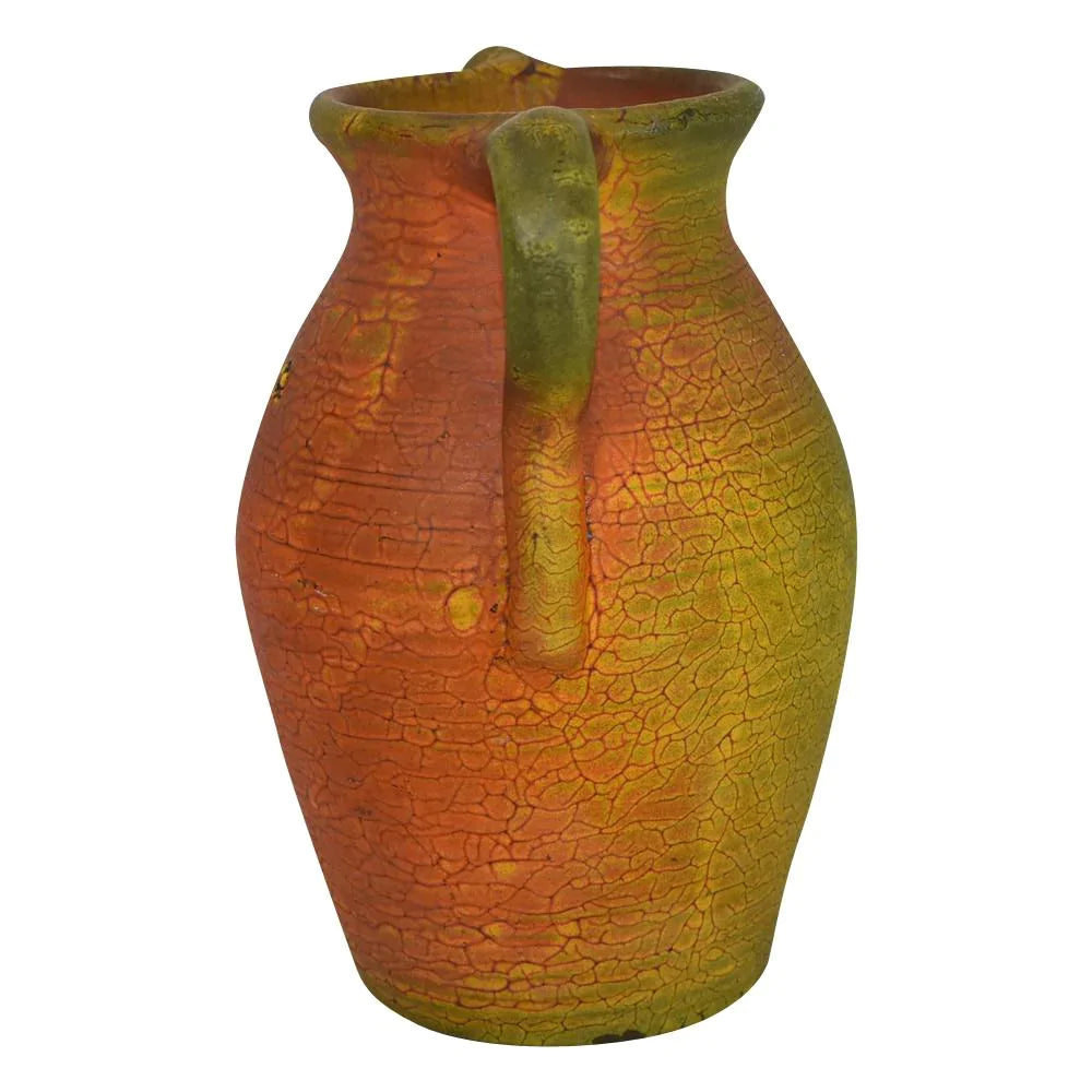 Weller Ansonia 1920s Arts And Crafts Pottery Mottled Green Orange Handled Vase - Just Art Pottery