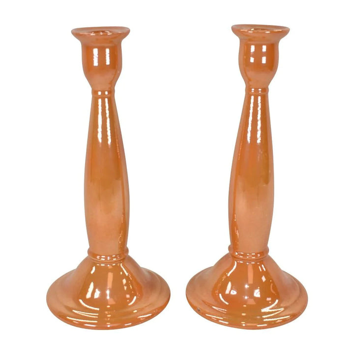 Weller Lustre Orange 1920 Vintage Art Deco Pottery Ceramic Candle Holders - Just Art Pottery