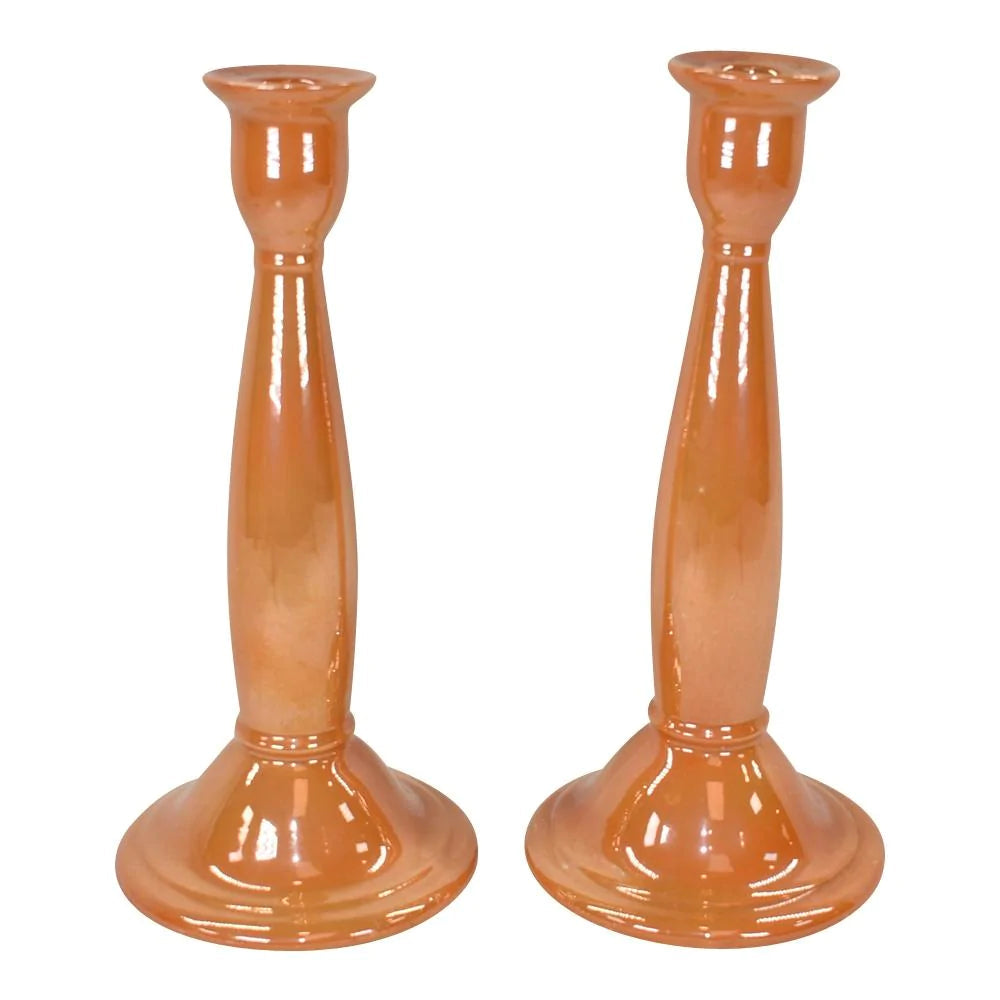 Weller Lustre Orange 1920 Vintage Art Deco Pottery Ceramic Candle Holders - Just Art Pottery