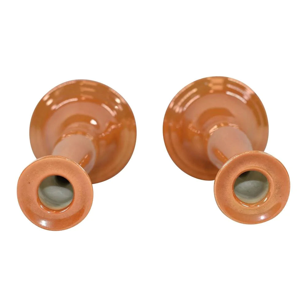 Weller Lustre Orange 1920 Vintage Art Deco Pottery Ceramic Candle Holders - Just Art Pottery