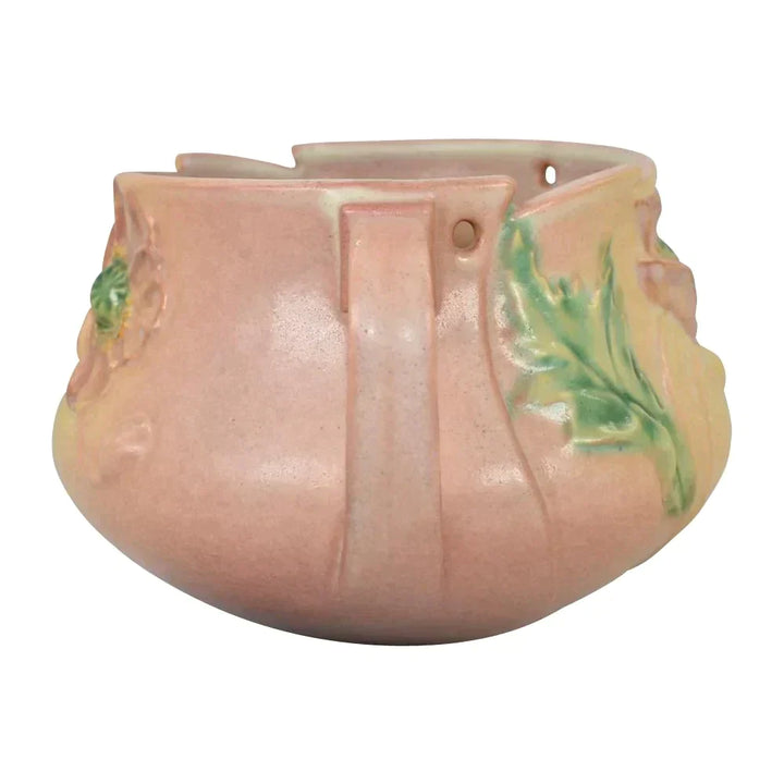 Roseville Poppy Pink 1938 Vintage Art Deco Pottery Hanging Basket Planter 358-5 - Just Art Pottery