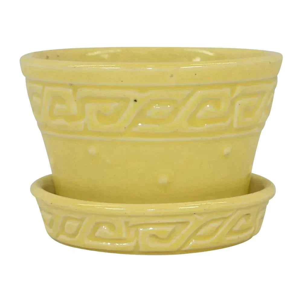 McCoy 1954 Mid Century Modern Pottery Yellow Geometric Flower Pot Saucer 14-3 - Just Art Pottery