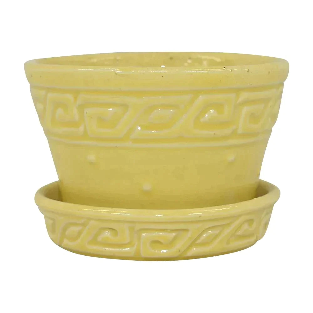 McCoy 1954 Mid Century Modern Pottery Yellow Geometric Flower Pot Saucer 14-3 - Just Art Pottery