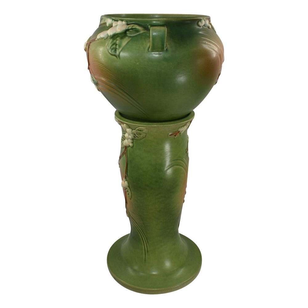 Roseville Snowberry Green 1947 Vintage Art Pottery Jardiniere Pedestal 1J-8 - Just Art Pottery