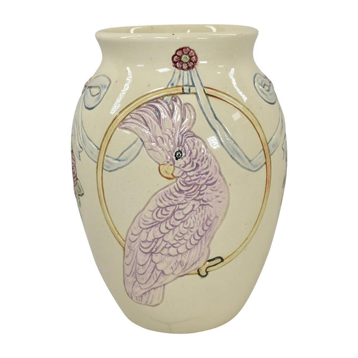 Weller Rosemont 1st Line 1918-20s Art Pottery Purple Cockatoo Parrot White Vase - Just Art Pottery