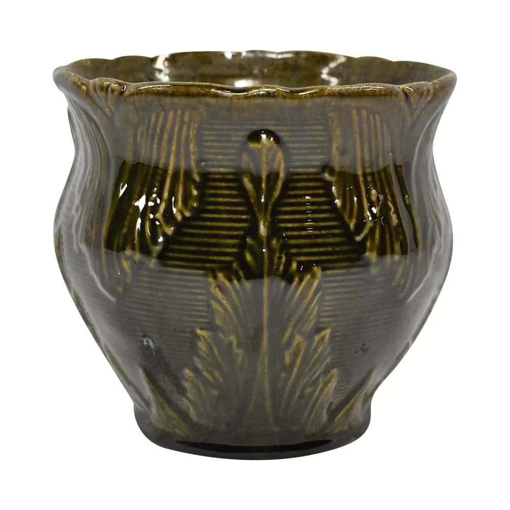 American Art Pottery Vintage Art Deco Olive Green Ceramic Jardiniere Planter - Just Art Pottery