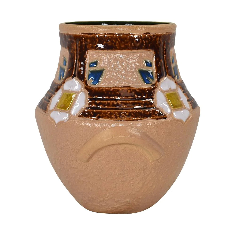 Roseville Mostique Tan 1916 Antique Arts And Crafts Pottery Ceramic Vase 535-8 - Just Art Pottery