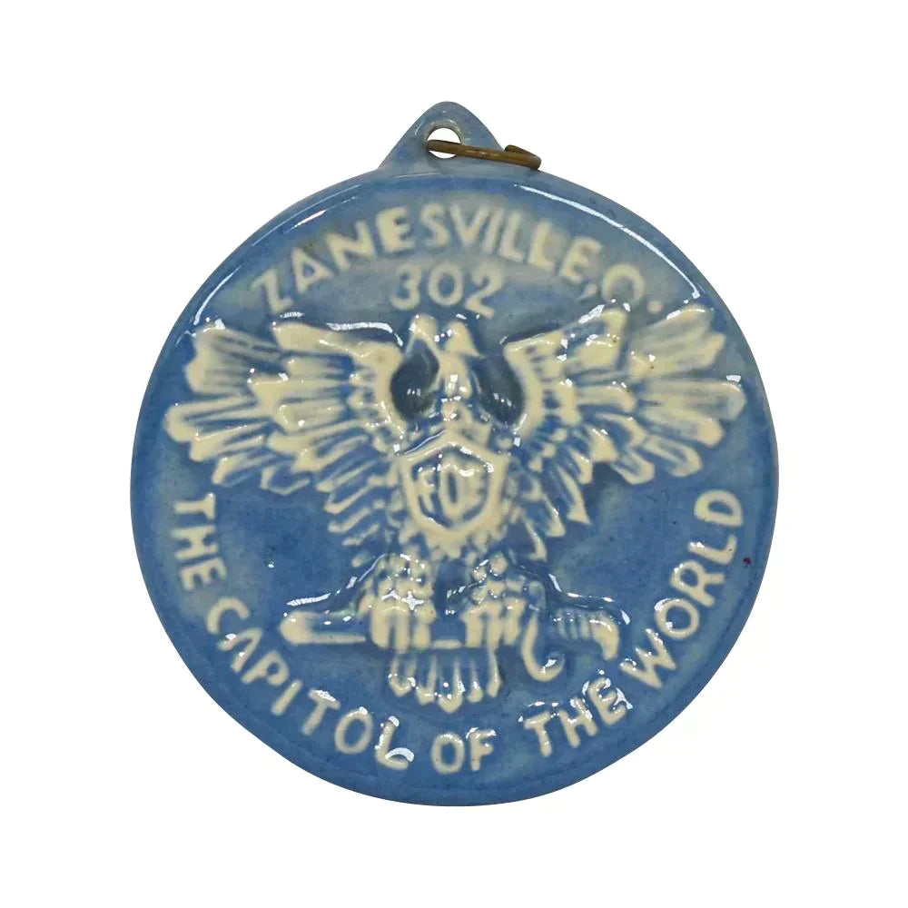 Weller 1920s Art Pottery Blue Zanesville FOE Legion Medallion Ornament Tile - Just Art Pottery