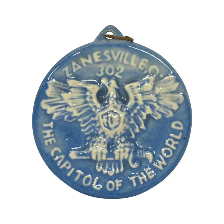 Weller 1920s Art Pottery Blue Zanesville FOE Legion Medallion Ornament Tile - Just Art Pottery