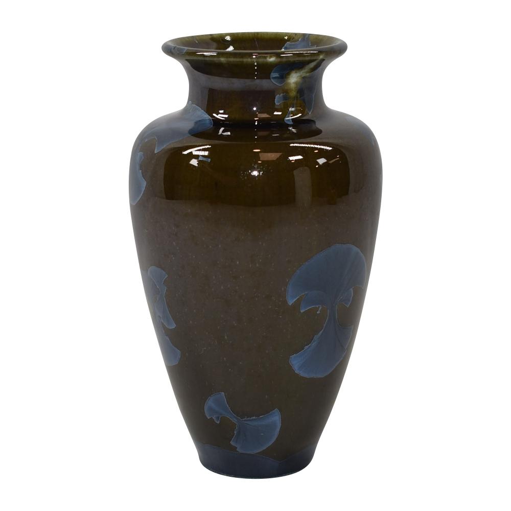 Jack Boydston 1970s California Studio Art Pottery Blue Crystalline Brown Vase - Just Art Pottery