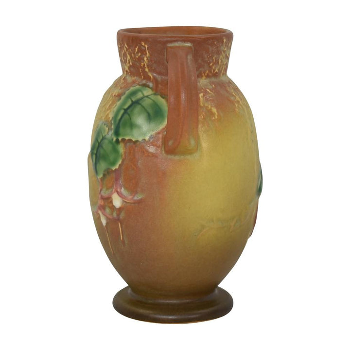 Roseville Fuchsia Brown 1938 Vintage Art Pottery Ceramic Handled Vase 892-6 - Just Art Pottery