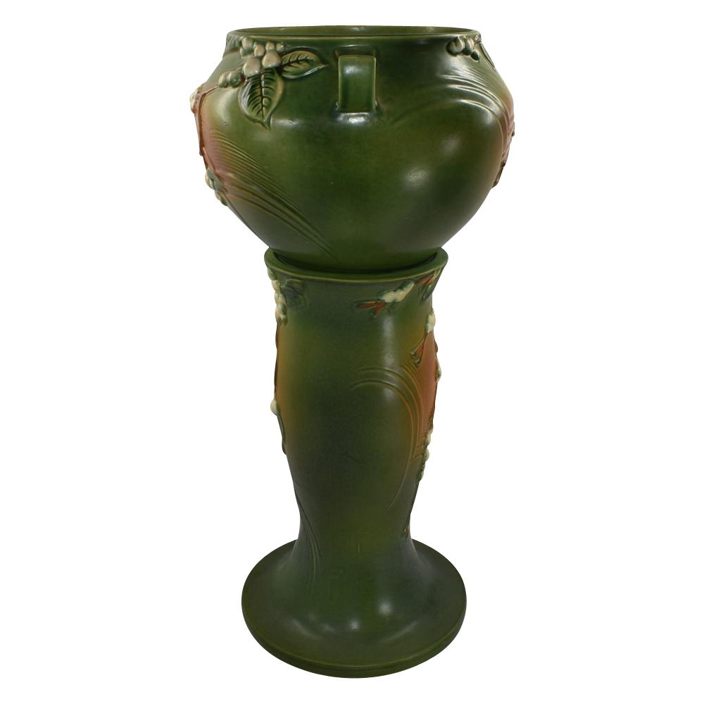 Roseville Snowberry Green 1947 Vintage Art Pottery Jardiniere Pedestal 1J-8 - Just Art Pottery