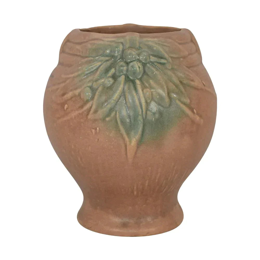 McCoy 1930s Vintage Art Pottery Matte Brown Leaves And Berries Vase Shape 10 - Just Art Pottery