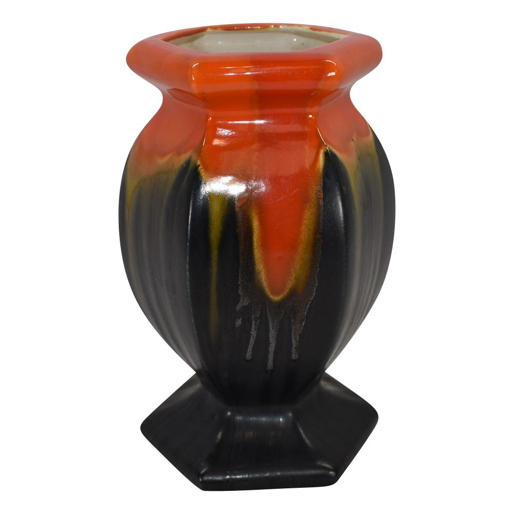 Ceramique De Bruxelles Belgium Art Deco Pottery Orange Black Drip Hexagon Vase - Just Art Pottery