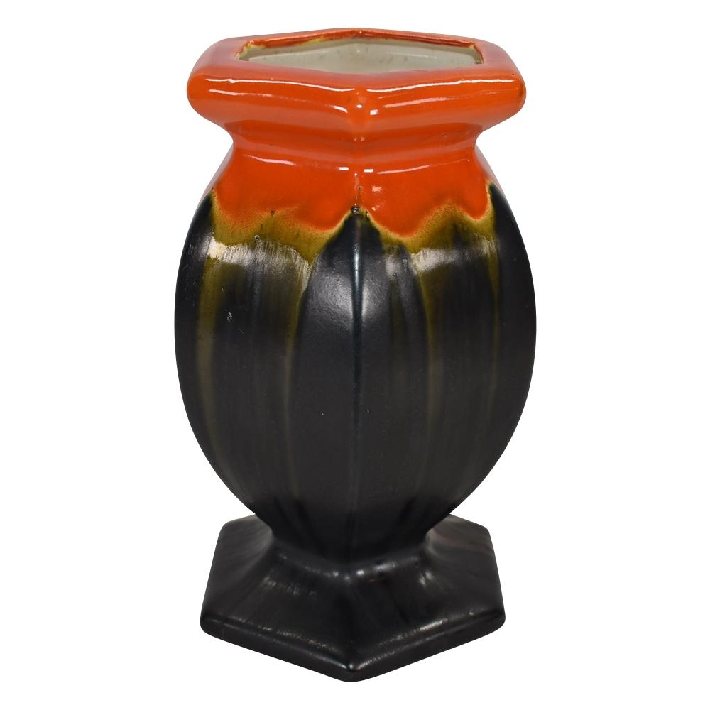 Ceramique De Bruxelles Belgium Art Deco Pottery Orange Black Drip Hexagon Vase - Just Art Pottery