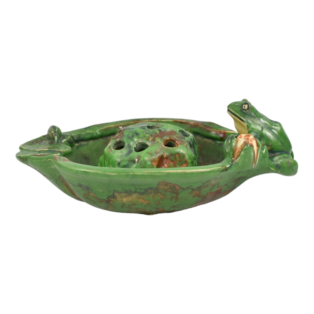 Weller Coppertone 1920s Art Pottery Frog And Water Lily Bowl With Flower Frog - Just Art Pottery