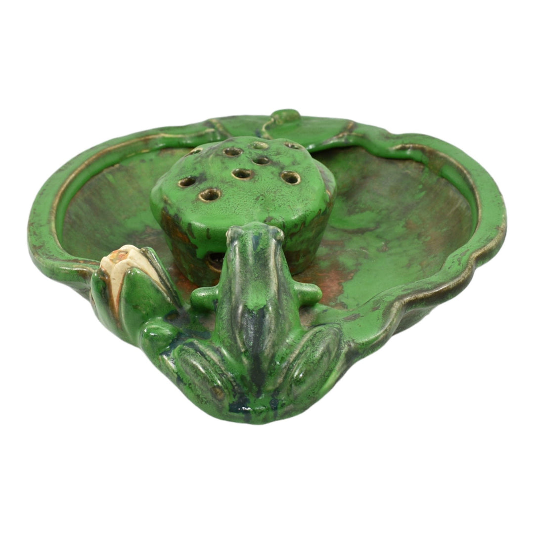 Weller Coppertone 1920s Art Pottery Frog And Water Lily Bowl With Flower Frog - Just Art Pottery