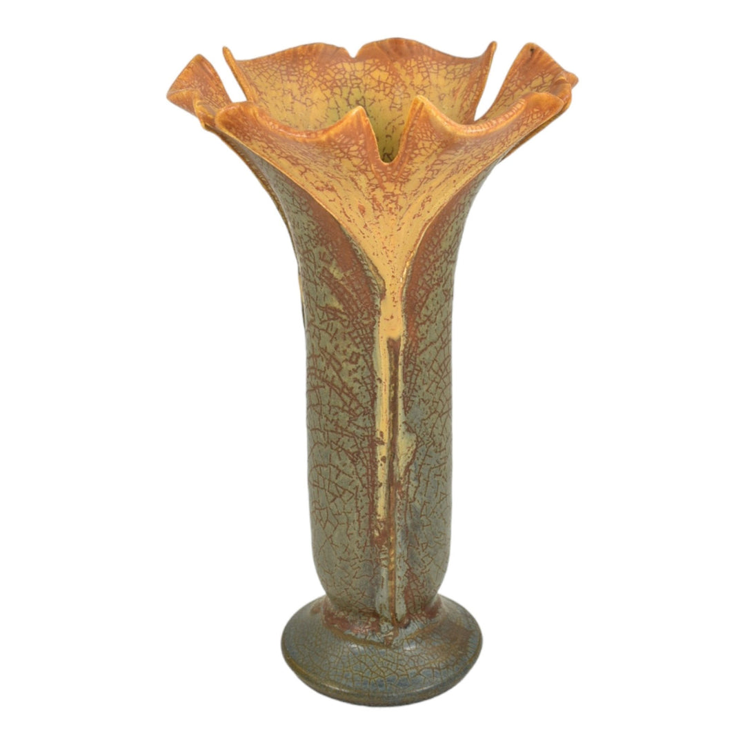 Ephraim Faience 2011 Hand Made Pottery Fluted Ginkgo Brown Ceramic Vase E16 - Just Art Pottery
