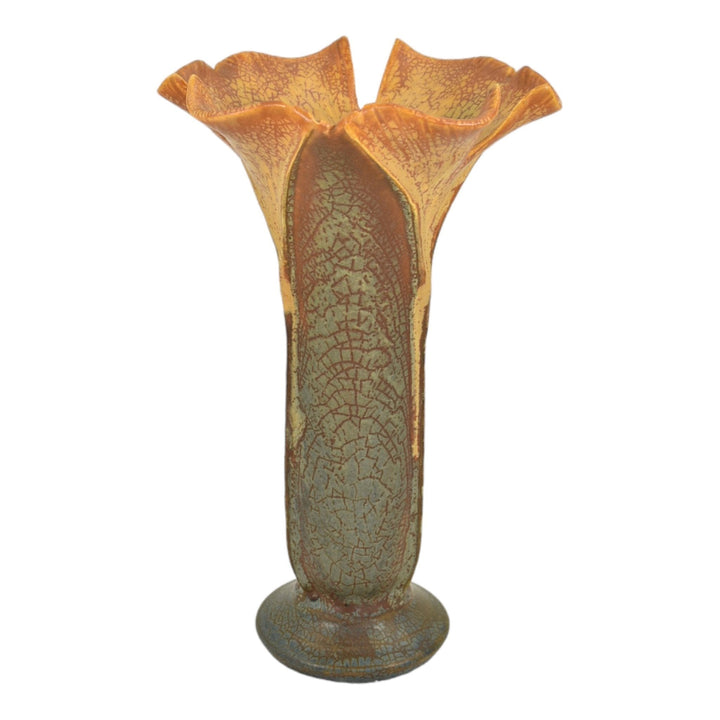 Ephraim Faience 2011 Hand Made Pottery Fluted Ginkgo Brown Ceramic Vase E16 - Just Art Pottery