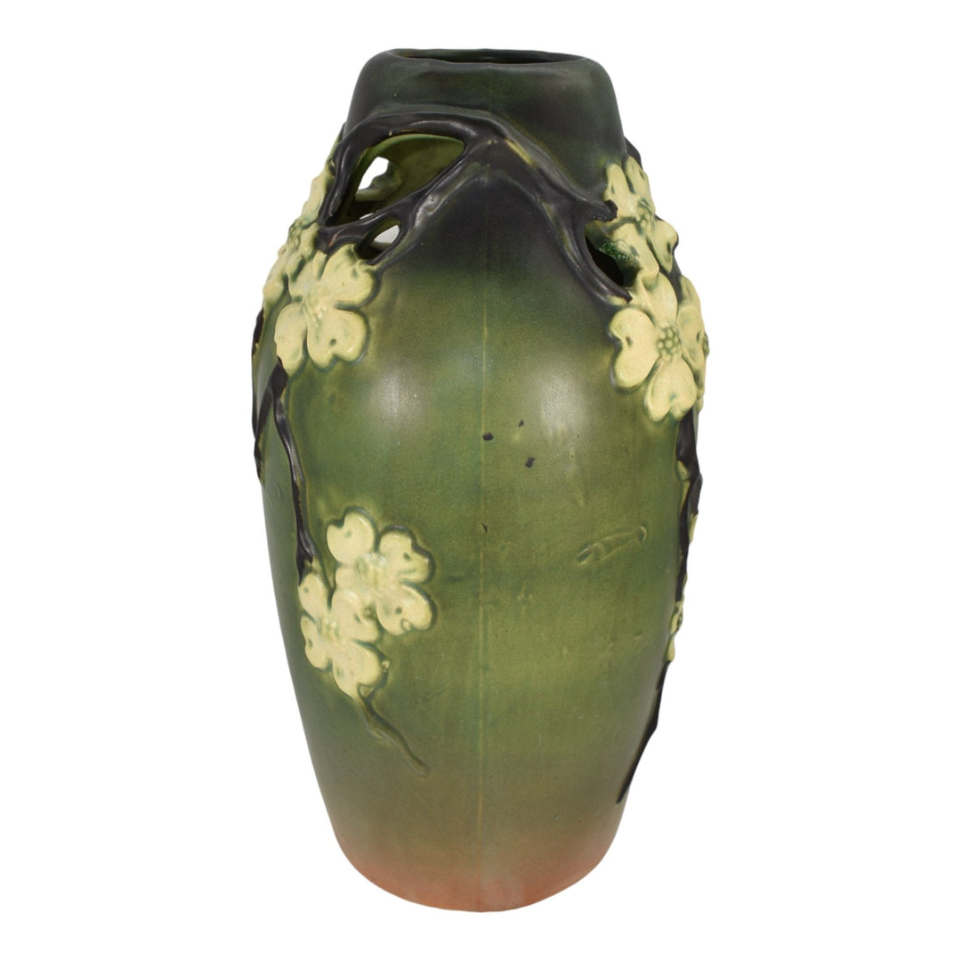 Roseville Dogwood Smooth 1920 Vintage Art Pottery Green Reticulated Vase 140-15 - Just Art Pottery