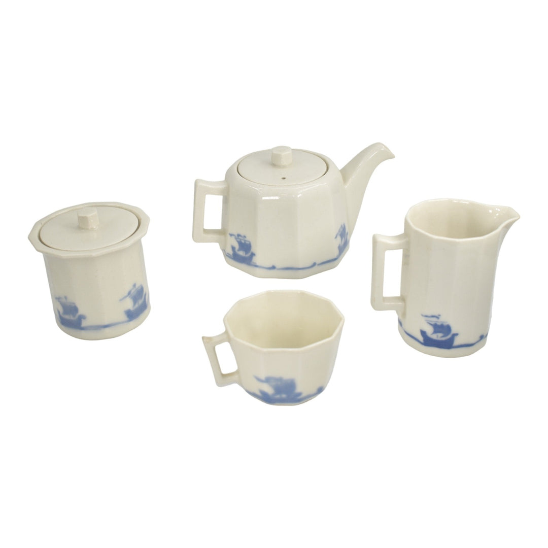 Rookwood 1920s Vintage Art Pottery Blue Ship Ceramic Four Piece Tea Set 2701 - Just Art Pottery