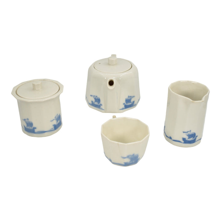 Rookwood 1920s Vintage Art Pottery Blue Ship Ceramic Four Piece Tea Set 2701 - Just Art Pottery