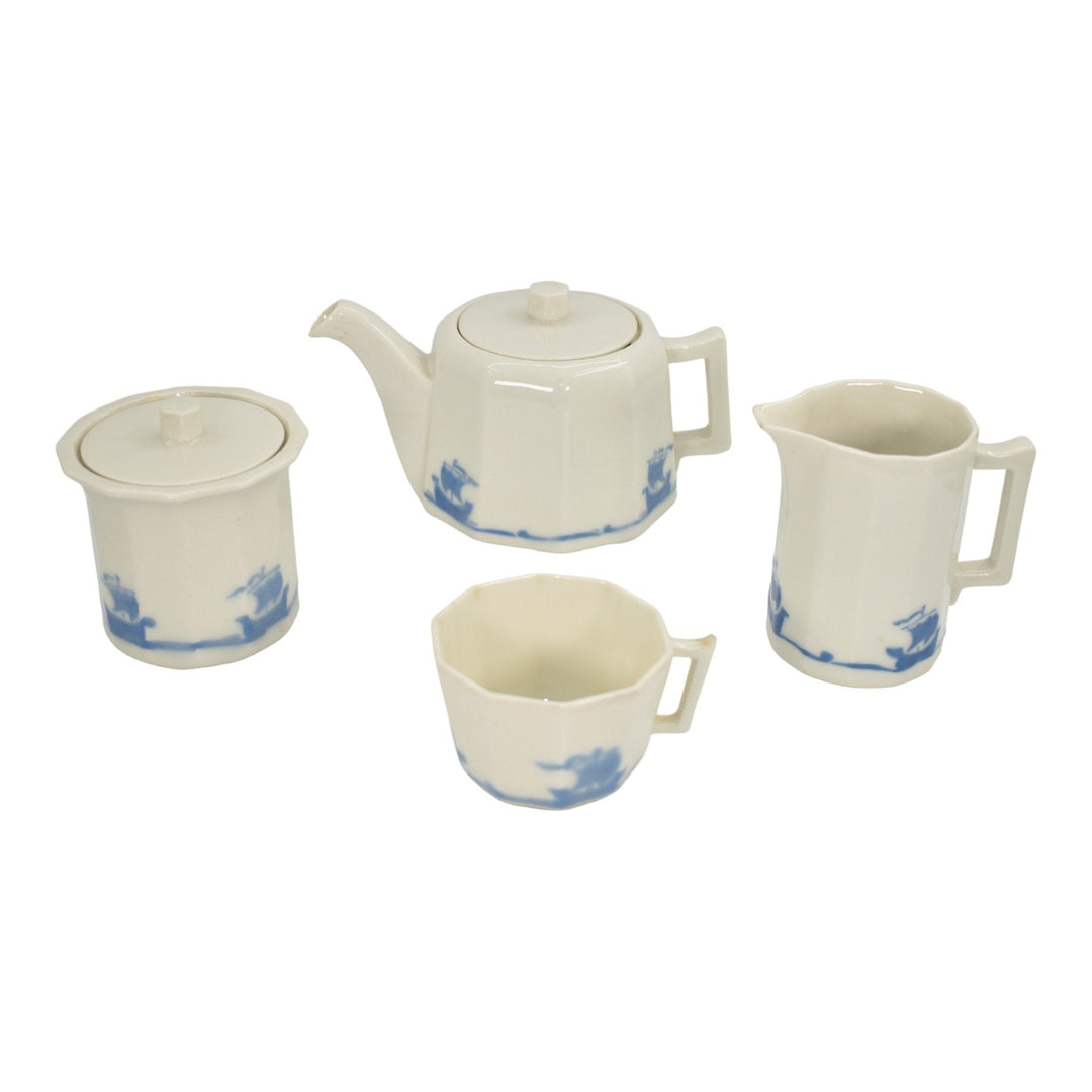Rookwood 1920s Vintage Art Pottery Blue Ship Ceramic Four Piece Tea Set 2701 - Just Art Pottery