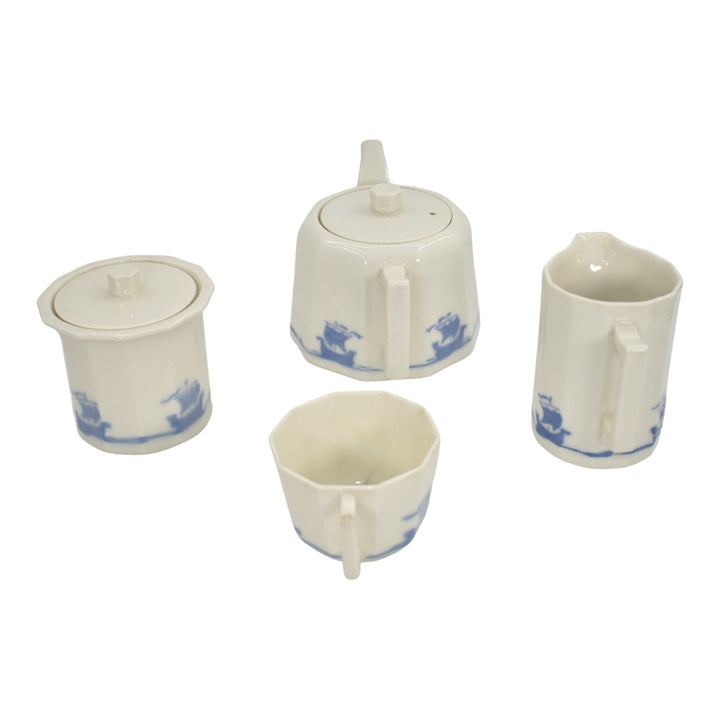 Rookwood 1920s Vintage Art Pottery Blue Ship Ceramic Four Piece Tea Set 2701 - Just Art Pottery