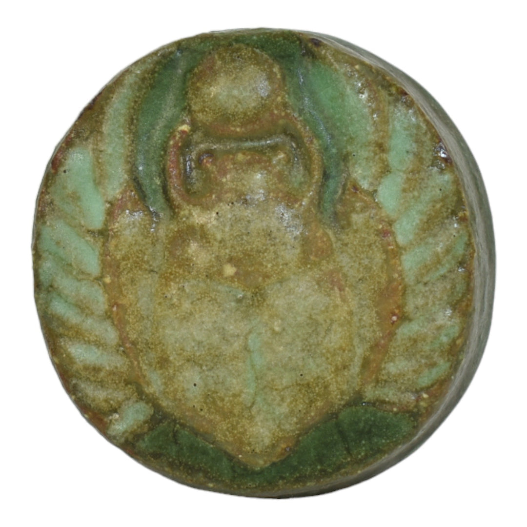 Grueby 1900s Vintage Arts and Crafts Pottery Matte Green Scarab Paperweight - Just Art Pottery