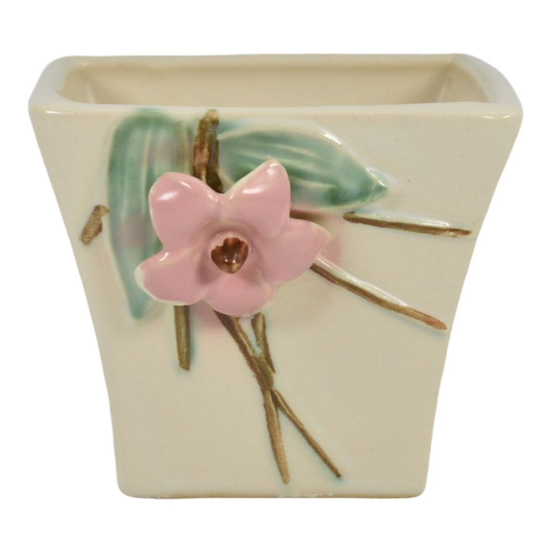 McCoy Blossom Time 1947 Vintage Art Pottery Pink Flower White Square Planter 700 - Just Art Pottery