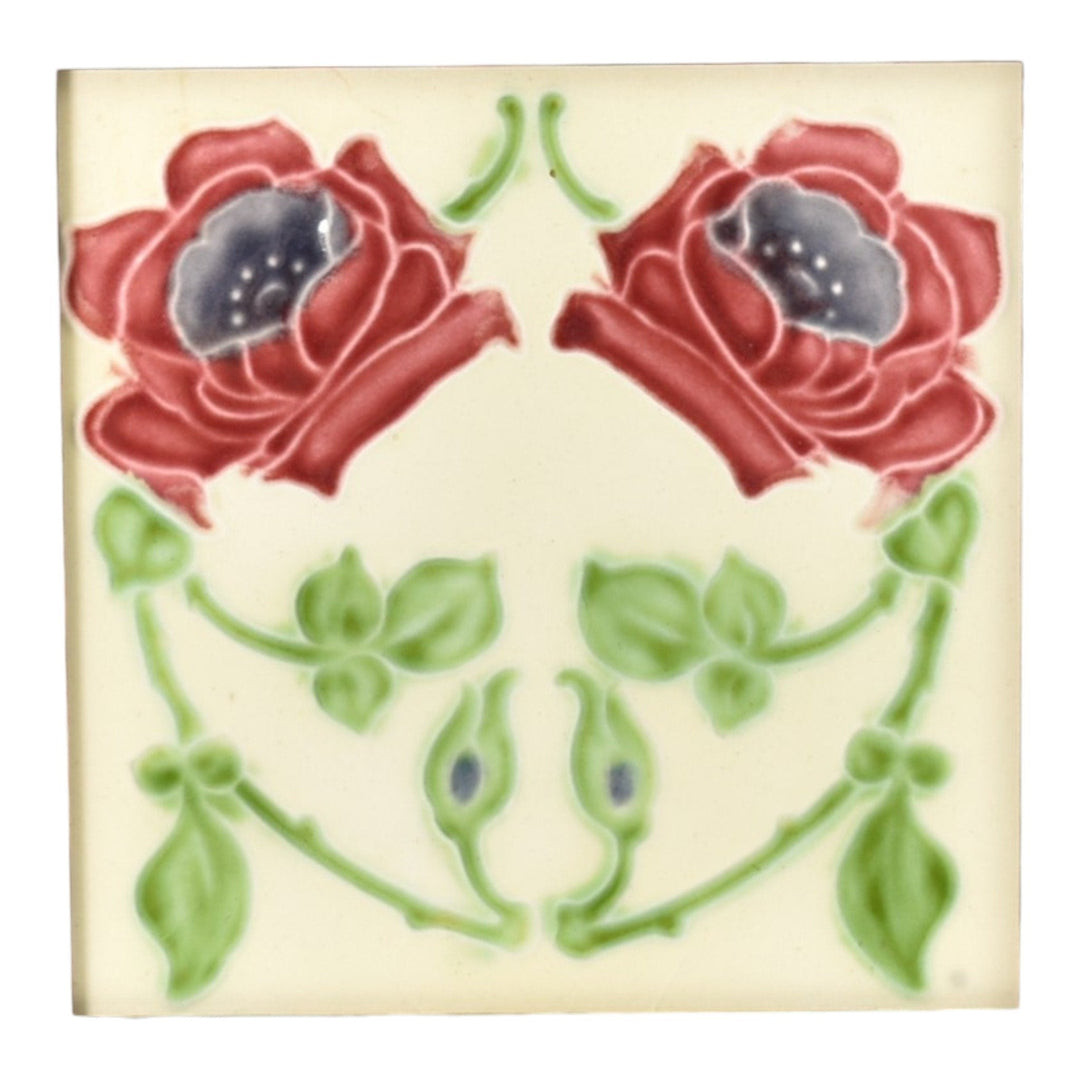 Lea And Boulton England 1900s Vintage Pottery Red Floral Ivory Framed Tile - Just Art Pottery