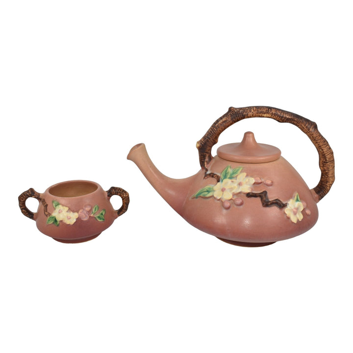 Roseville Apple Blossom Pink 1949 Art Pottery Teapot And Sugar Bowl Tea Set 371 - Just Art Pottery