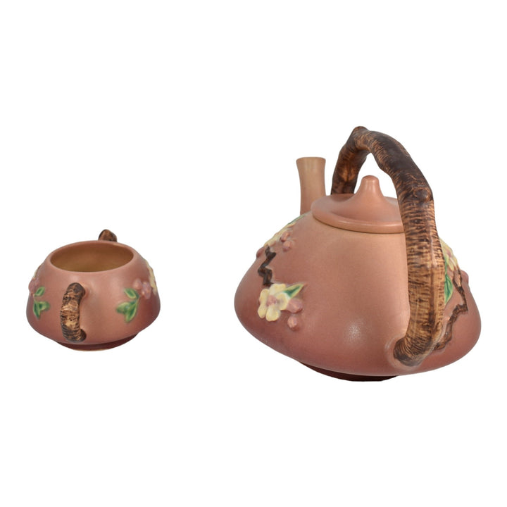 Roseville Apple Blossom Pink 1949 Art Pottery Teapot And Sugar Bowl Tea Set 371 - Just Art Pottery