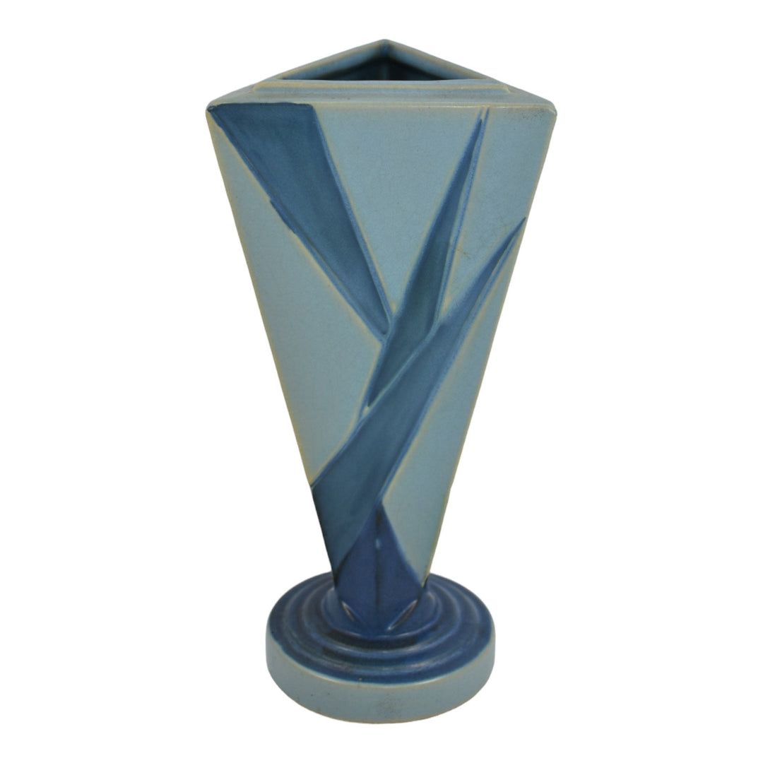Roseville Futura 1928 Vintage Art Deco Pottery Big Blue Triangle Vase 388-9 - Just Art Pottery