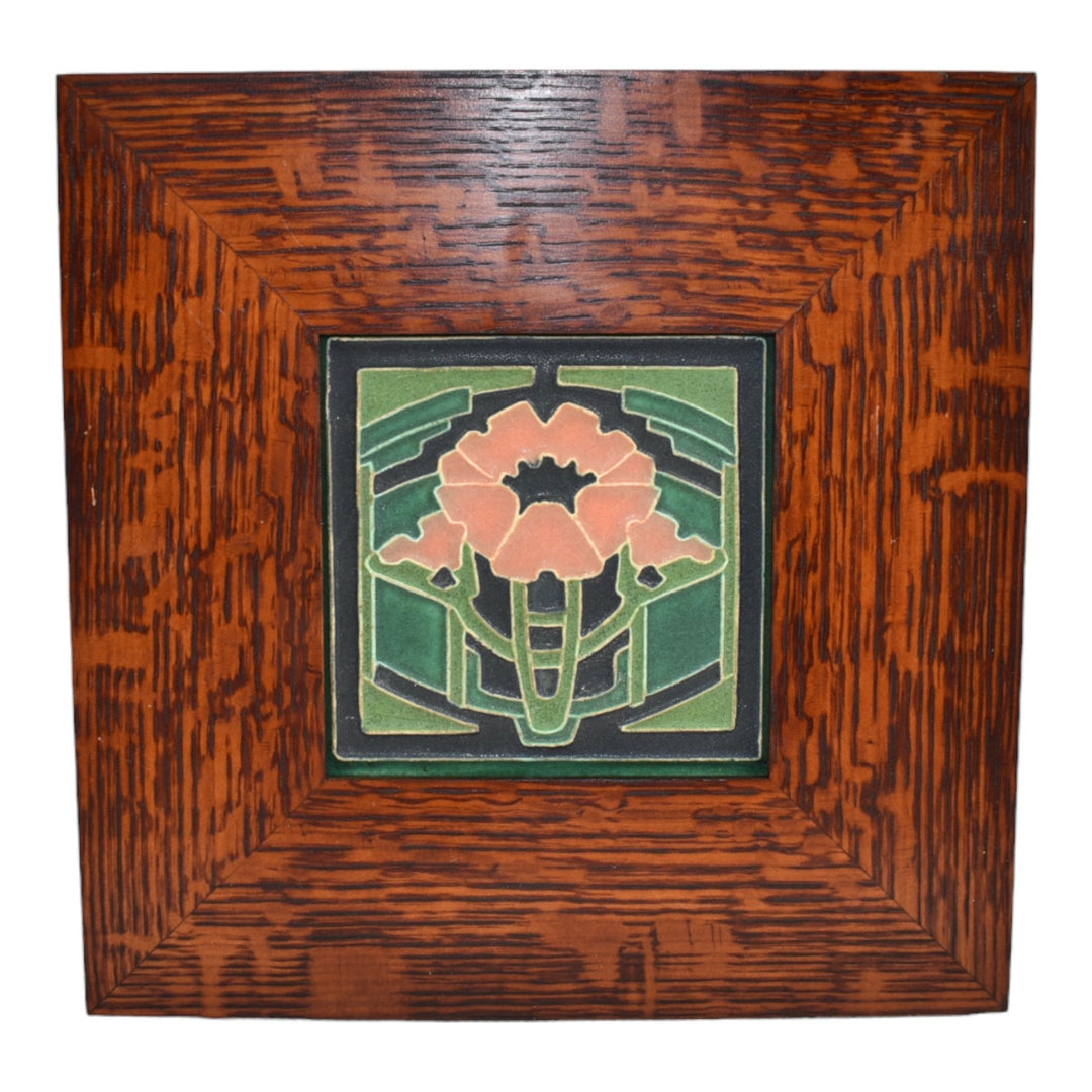 Motawi Tileworks Studio Art Pottery Pink Poppy Green Framed Ceramic Tile - Just Art Pottery