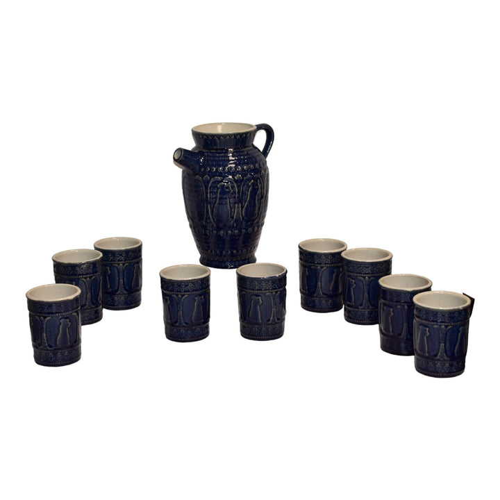 Robinson Ransbottom 1930s Pottery Grecian Cobalt Blue Batter Pitcher Nine Mugs - Just Art Pottery