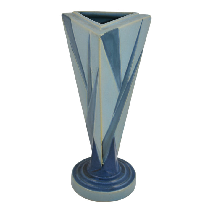 Roseville Futura 1928 Vintage Art Deco Pottery Big Blue Triangle Vase 388-9 - Just Art Pottery