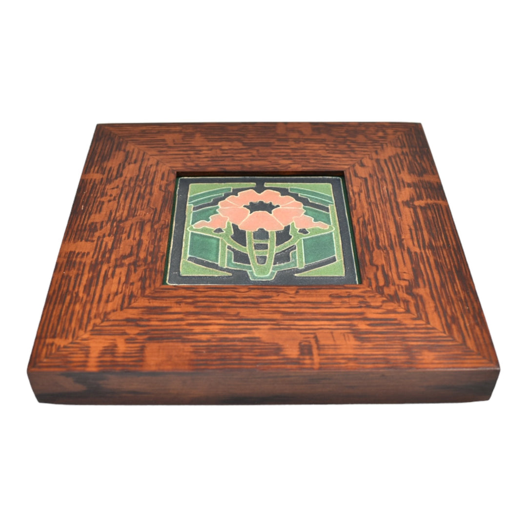 Motawi Tileworks Studio Art Pottery Pink Poppy Green Framed Ceramic Tile - Just Art Pottery