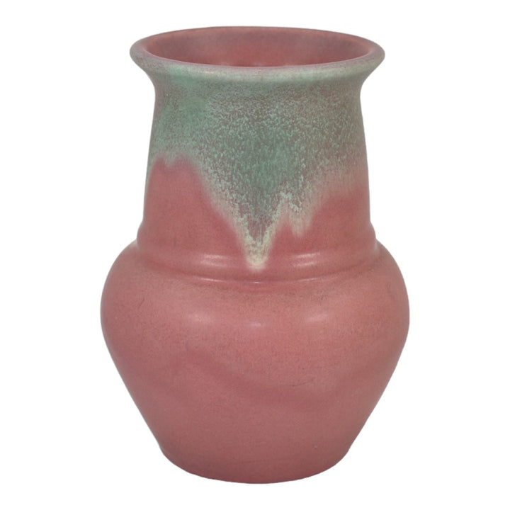Muncie 1920s Vintage Art Deco Pottery Matte Green Over Rose Ceramic Vase 441 - Just Art Pottery