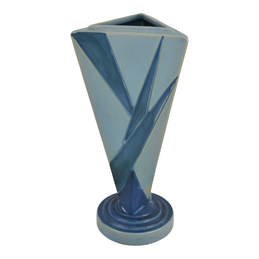 Roseville Futura 1928 Vintage Art Deco Pottery Big Blue Triangle Vase 388-9 - Just Art Pottery