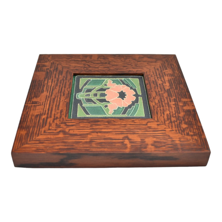 Motawi Tileworks Studio Art Pottery Pink Poppy Green Framed Ceramic Tile - Just Art Pottery