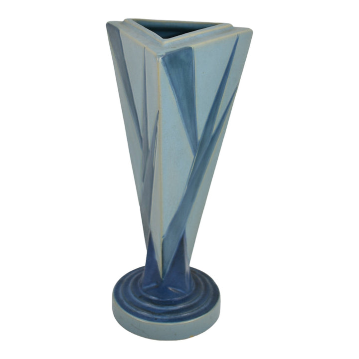 Roseville Futura 1928 Vintage Art Deco Pottery Big Blue Triangle Vase 388-9 - Just Art Pottery
